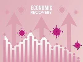 economic recovery for covid19 poster with arrows and virus particles in statistics bars vector