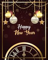 happy new year card with watch and balls hanging vector