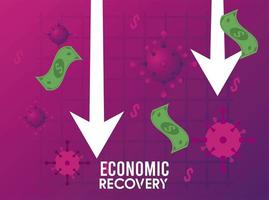 economic recovery for covid19 poster with virus particles and bills dollars in arrows down vector