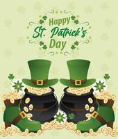 happy saint patricks day lettering with treasure coins in cauldron and boots vector