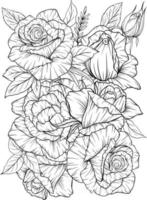 coloring page with roses and leaves black and white outline, antistress coloring flower line art vector