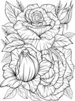 coloring page with roses and leaves black and white outline, antistress coloring flower line art vector