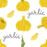 Hand drawn seamless pattern of garlic, yellow golden colors flat illustration vector