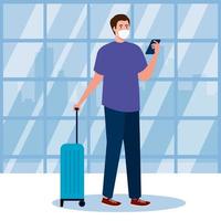 New normal of man with mask smartphone and bag at airport vector design