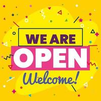 banner lettering we are open welcome on yellow background vector