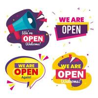 set banners of lettering we are open with decoration vector