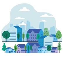 city houses with trees and clouds vector design