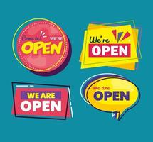 set banners of lettering we are open on blue background vector