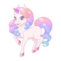 Pretty pink baby unicorn with colorful curly mane vector illustration