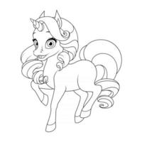 Cute baby unicorn with curly mane and tail coloring page vector illustration