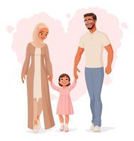 Happy Muslim family holding hands and walking vector illustration