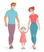 familia en máscaras tomados de la mano ilustración vectorial vector