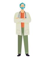 male doctor wearing medical mask and hat with stethoscope vector