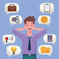 businessman extressed for information overload with icons in speech bubbles vector