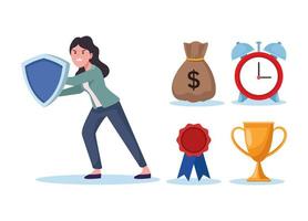 businesswoman extressed with shield and information overload icons vector