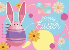 happy easter lettering card with ears rabbit in egg painted and flowers vector