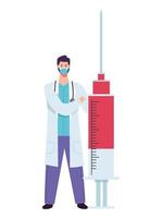 doctor wearing medical mask with vaccine syringe vector