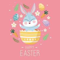 happy easter lettering card with cute rabbit in egg painted vector