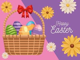 happy easter lettering card with eggs painted in basket and flowers vector