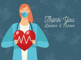 thank you doctors and nurses lettering with doctor female lifting heart cardio vector