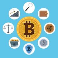 iconos de tecnología de bitcoin y dinero cibernético alrededor vector