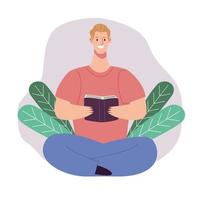 blond reader man reading book seated in lotus position with leafs vector