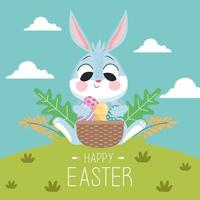 happy easter lettering card with rabbit and eggs in basket in the landscape vector