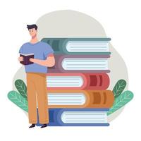 reader man reading book standing with pile books and leafs vector