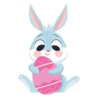 lindo conejo de pascua abrazando huevo pintado personaje vector