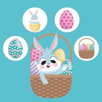 rabbit and eggs painted in basket and bundle of four happy easter set icons vector