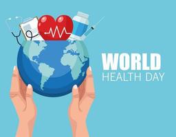 world health day lettering with hands lifting earth planet and medical icons vector