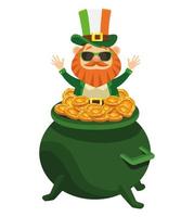 saint patrick leprechaun character with sunglasses in treasure cauldron vector