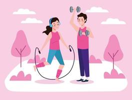 couple jumping rope and lifting dumbbells characters healthy lifestyle vector