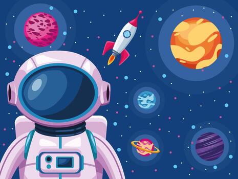 astronaut with spaceship and planets space universe scene vector