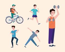 boys practicing exercises characters healthy lifestyle vector