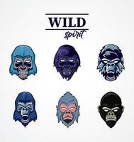 wild spirit lettering with gorillas heads set vector