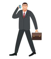 elegant businessman walking using smartphone back to office vector