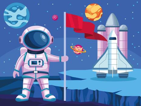 astronaut with flag and rocket space universe scene vector