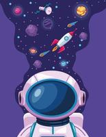 planets and astronaut with rocket space universe scene vector