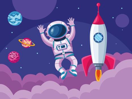astronaut with rocket and planets space universe scene vector