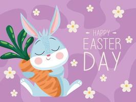 happy easter lettering card with cute rabbit hugging carrot vector
