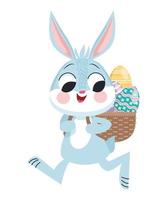 cute easter rabbit lifting eggs in basket character vector