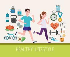 couple running with healthy lifestyle set icons vector