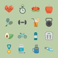 paquete de dieciséis iconos de conjunto de estilo de vida saludable vector
