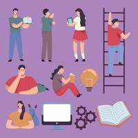 group of readers people with books and set icons vector