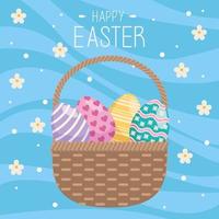 happy easter lettering card with eggs painted in basket and flowers vector