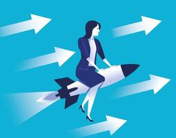 elegant businesswoman worker flying in rocket with arrows vector