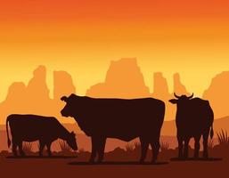 vacas animales granjas siluetas en el paisaje vector