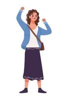 young woman happy celebrating with hands up vector