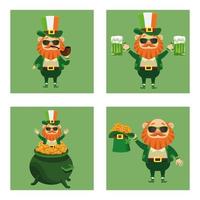 cartel del feliz día de san patricio con paquete de cuatro personajes de duende vector